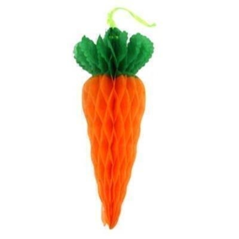 Large hanging Easter carrot made from paper to achieve the honeycomb effect by the designer Gisela Graham who designs unique Easter decorations. (LxWxD) 41x19x19cm